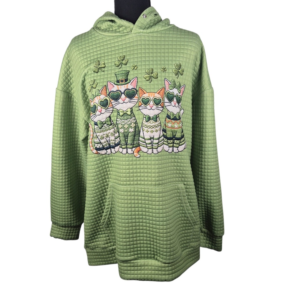 St Patricks Day Cat Hoodie Women XL Green Quilted Shamrock Graphic Pullover‎